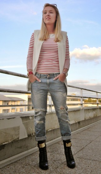 T-shirt à manche longue à rayures horizontales blanc et rouge MiH Jeans