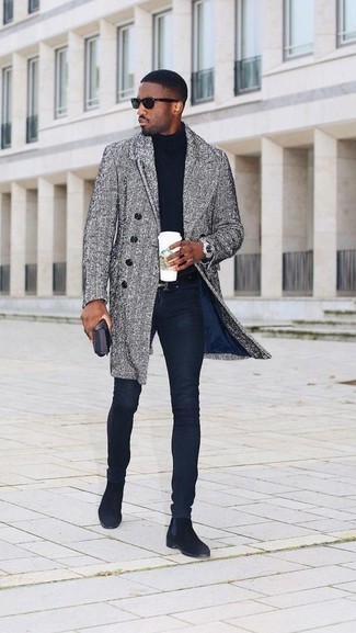 Comment porter un pardessus à chevrons gris avec un jean bleu marine