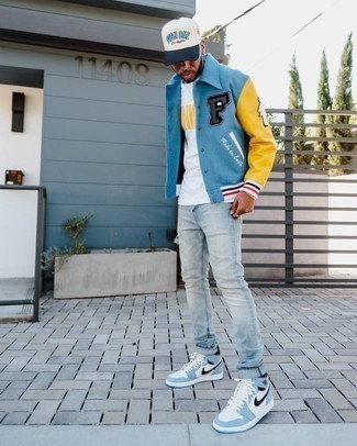 Comment porter une veste universitaire bleu clair au printemps