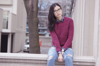 Comment porter un pull à col rond violet clair