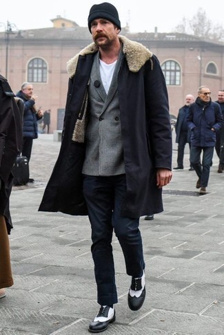 Manteau à col fourrure bleu marine Gianni Versace