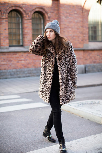Manteau de fourrure imprimé léopard marron clair