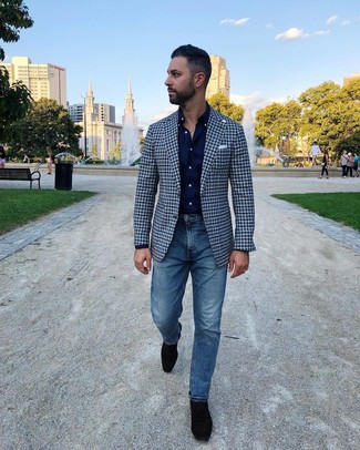 Comment porter une veste en vichy bleu marine et blanc