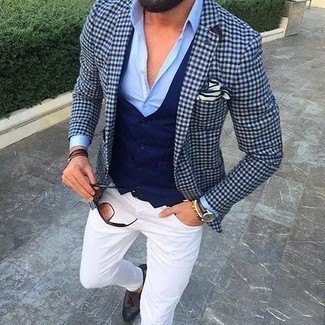 Comment porter une veste en vichy bleu marine et blanc