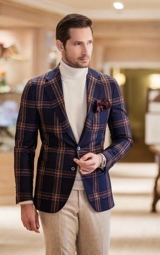 Comment porter une veste en laine à carreaux bleu marine au printemps