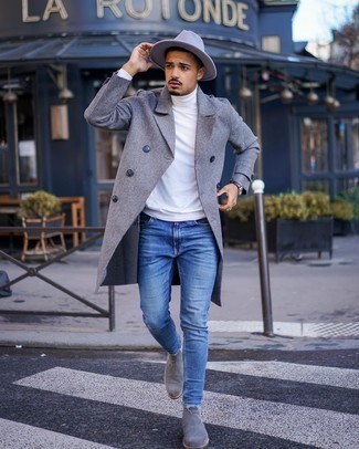 Comment porter un chapeau en laine gris: Pense à associer un pardessus gris avec un chapeau en laine gris pour une tenue idéale le week-end. D'une humeur créatrice? Assortis ta tenue avec une paire de bottines chelsea en daim grises.