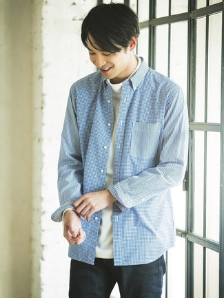 Chemise à manches longues en vichy bleue Junya Watanabe MAN