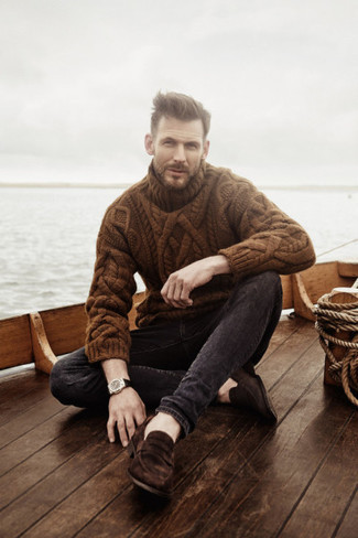 Pull à col roulé en laine en tricot marron Steven Passaro