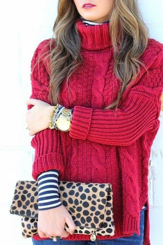 Comment porter un pull à col roulé en tricot rouge: Essaie d'associer un pull à col roulé en tricot rouge avec un pull à col roulé en tricot rouge pour achever un look chic.