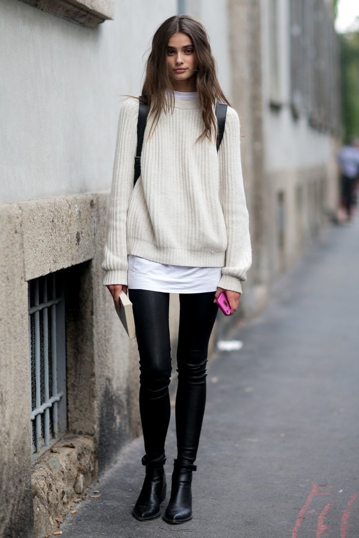 Women's White Knit Oversized Sweater, White Crew-neck T-shirt, Black  Leather Leggings, Black Leather Ankle Boots