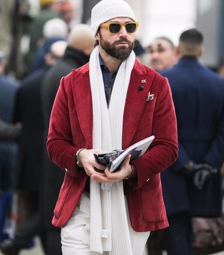 Comment porter un blazer en velours côtelé rouge
