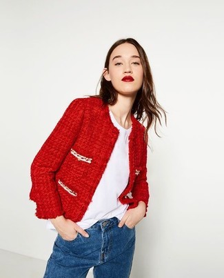 Comment porter une veste en tweed rouge