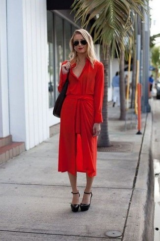 Comment porter une robe chemise rouge: Porte une robe chemise rouge pour affronter sans effort les défis que la journée te réserve. Cet ensemble est parfait avec une paire de escarpins en cuir noirs.