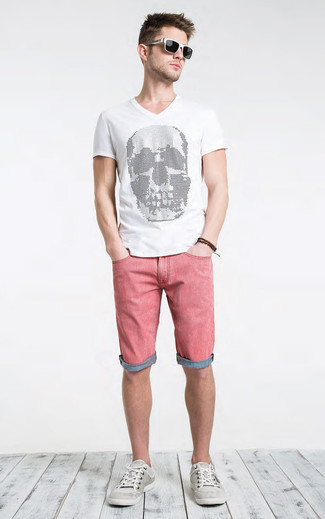 T-shirt à col en v imprimé blanc et rouge Just Cavalli