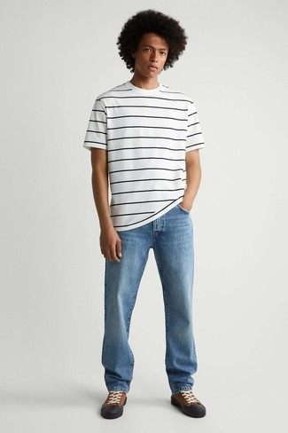 T-shirt à col rond à rayures horizontales blanc et noir Nudie Jeans