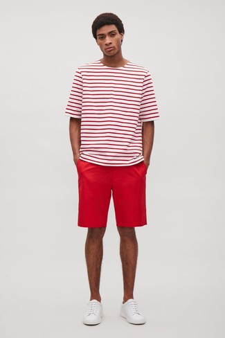 T-shirt à col rond à rayures horizontales blanc et rouge CK Calvin Klein