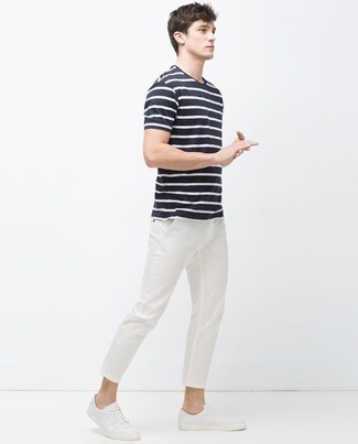 T-shirt à col rond à rayures horizontales bleu marine et blanc Sunspel