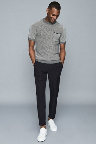 T-shirt à col rond à rayures horizontales gris Pull&Bear