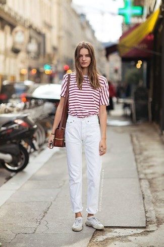 T-shirt à col rond à rayures horizontales blanc et rouge Saint Laurent