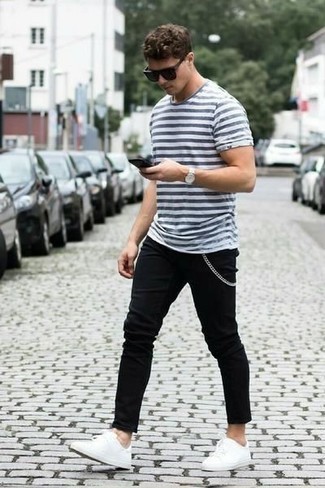 T-shirt à col rond à rayures horizontales gris Giorgio Armani