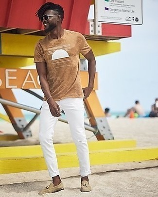 T-shirt à col rond imprimé marron clair Gucci