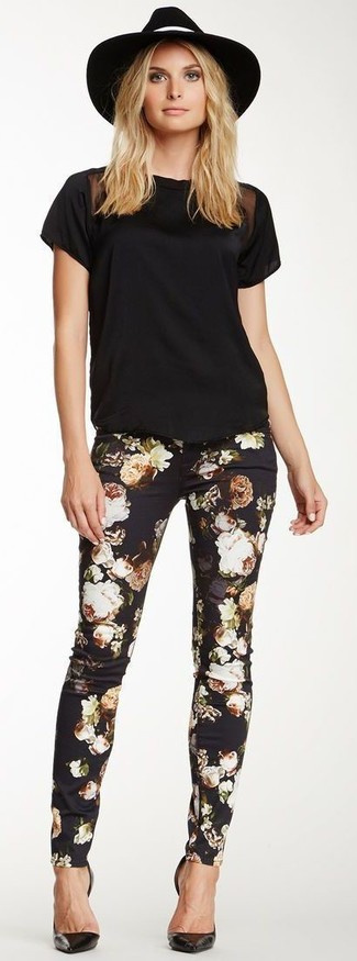 Pantalon slim à fleurs noir Victoria Beckham