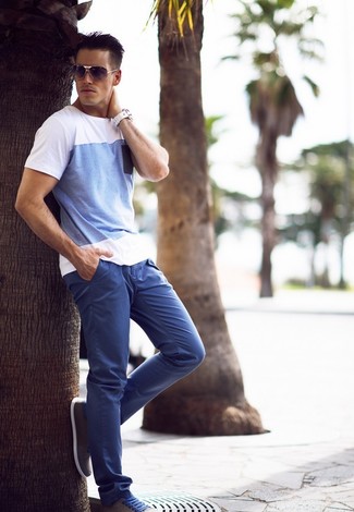 T-shirt à col rond blanc et bleu AMI Alexandre Mattiussi
