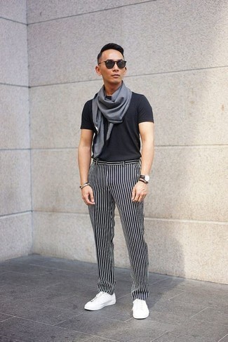 Pantalon chino à rayures verticales noir et blanc Dries Van Noten