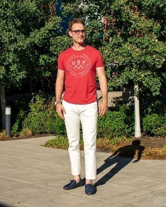 T-shirt à col rond imprimé rouge et blanc Undercover