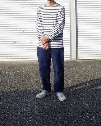 T-shirt à manche longue à rayures horizontales blanc et bleu marine VTMNTS