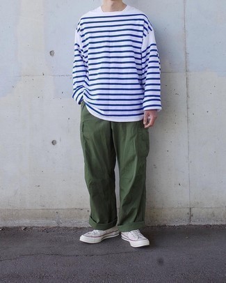 T-shirt à manche longue à rayures horizontales blanc et bleu marine Junya Watanabe MAN