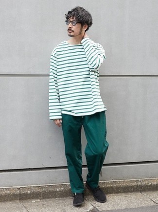 T-shirt à manche longue à rayures horizontales blanc et vert Sunnei