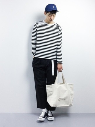 T-shirt à manche longue à rayures horizontales blanc et noir AMI Alexandre Mattiussi