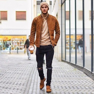 Un blouson aviateur à porter avec un pull à col roulé marron clair
