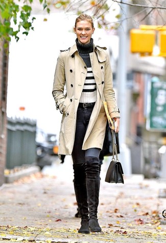 Comment porter un jean skinny gris foncé pour un style elégantes: Harmonise un trench beige avec un jean skinny gris foncé pour une tenue raffinée mais idéale le week-end. Une paire de cuissardes en daim noires est une option judicieux pour complèter cette tenue.