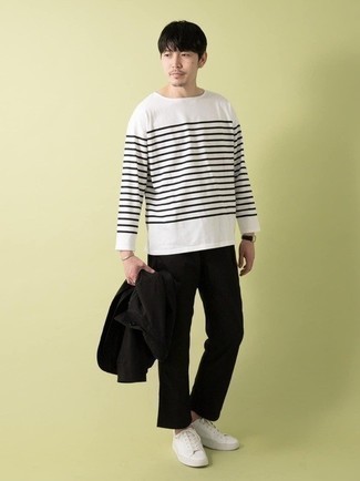 T-shirt à manche longue à rayures horizontales blanc et noir AMI Alexandre Mattiussi