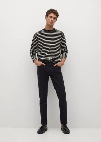 T-shirt à manche longue à rayures horizontales noir et blanc Saint Laurent