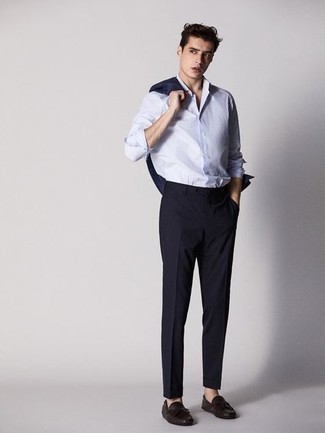 Chemise à manches longues à rayures verticales bleu clair Feng Chen Wang