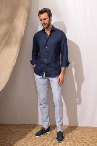 Chemise à manches longues en lin bleu marine Massimo Alba