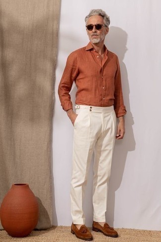 Chemise à manches longues en lin orange Massimo Alba