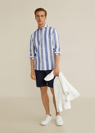 Chemise à manches longues à rayures verticales blanc et bleu Paul & Shark