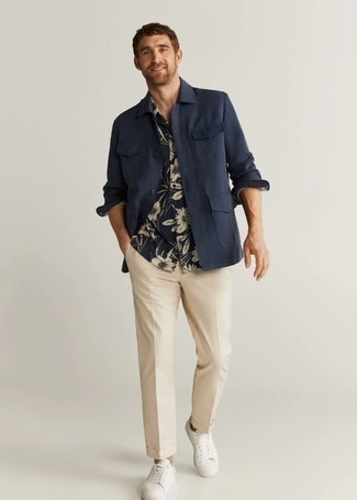 Chemise à manches courtes à fleurs bleu marine et blanc PS Paul Smith
