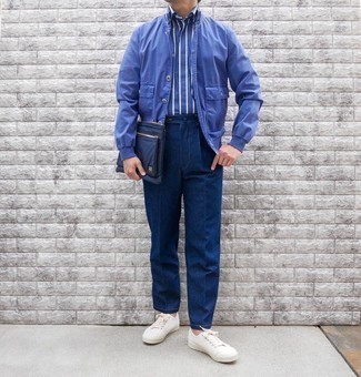 Chemise à manches courtes à rayures verticales bleue VERSACE JEANS COUTURE