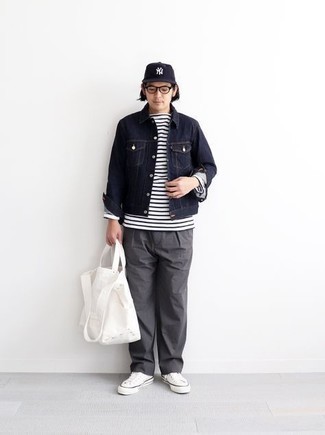 T-shirt à manche longue à rayures horizontales blanc et bleu marine Yohji Yamamoto