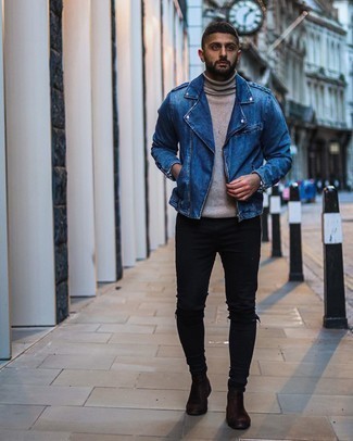 Un jean skinny à porter avec des bottines chelsea marron: Pense à marier une veste motard bleue avec un jean skinny pour un look confortable et décontracté. Apportez une touche d'élégance à votre tenue avec une paire de bottines chelsea marron.
