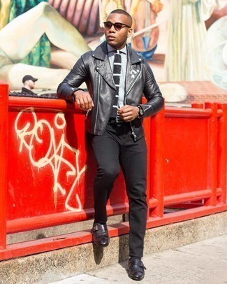 Veste motard en cuir ornée noire Saint Laurent
