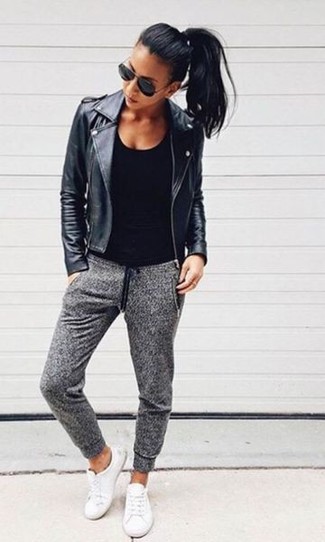 Un pantalon de jogging à porter avec une veste en cuir noire (19 tenues et  looks)