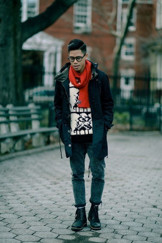 Une parka à porter avec un pull à col rond blanc
