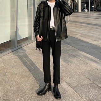 Une veste harrington à porter avec un t-shirt à col rond blanc