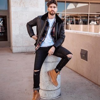 Une veste harrington à porter avec un t-shirt à col rond blanc